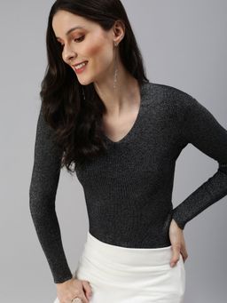 SHOWOFF - Women's Shimmer Fitted Black V-neck Top