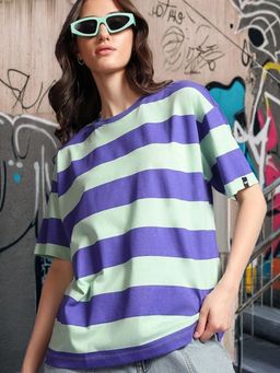 Bewakoof - Women's Blue & Green Striped Oversized T-shirt