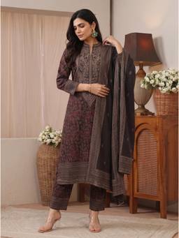 Libas - Black Floral Woven Kurta with Pant and Dupatta
