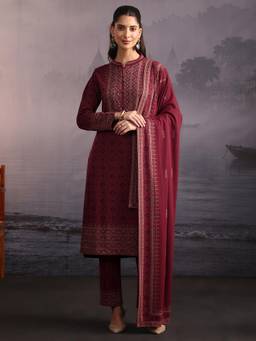 Libas - Maroon Woven Embellished-Sequined Work Kurta with Pant and Dupatta