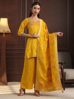 Libas - Mustard Floral Embroidered Kurti with Palazzo and Dupatta