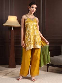 Libas - Mustard Floral Woven Kurti with Palazzo and Dupatta