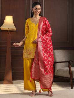 Libas - Mustard Woven Embroidered Kurti with Palazzo and Dupatta