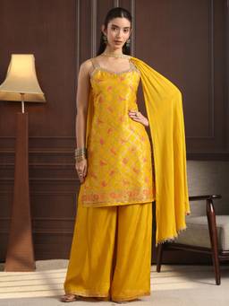 Libas - Mustard Woven Embroidered Kurti with Palazzo and Dupatta