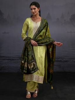 Libas - Green Woven Embellished-Sequined Work Kurta with Pant and Dupatta