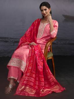 Libas - Pink Woven Embellished-Sequined Work Kurta with Pant and Dupatta