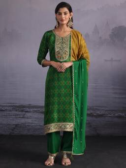Libas - Green Printed Embroidered Kurta with Pant and Dupatta