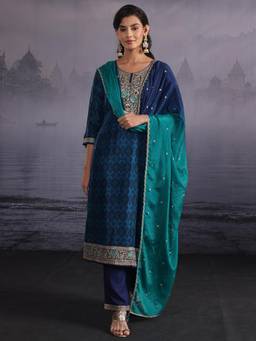 Libas - Navy Blue Printed Embroidered Kurta with Pant and Dupatta
