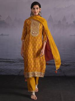Libas - Mustard Printed Embroidered Kurta with Pant and Dupatta