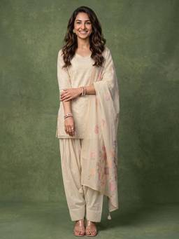 Libas - Off White Floral Embroidered Kurti with Farshi Salwar and Dupatta