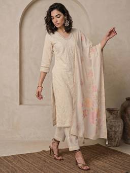 Libas - Off White Floral Embroidered Kurta with Pant and Dupatta