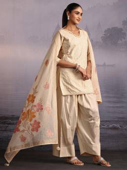 Libas - Off White Floral Embroidered Kurti with Farshi Salwar and Dupatta
