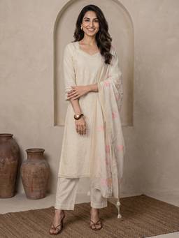 Libas - Off White Floral Embroidered Kurta with Pant and Dupatta