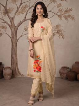Libas - Beige Floral Embroidered Kurta with Pant and Dupatta
