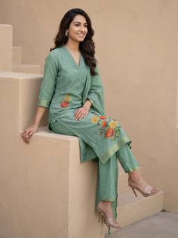 Libas - Green Floral Embroidered Kurta with Pant and Dupatta