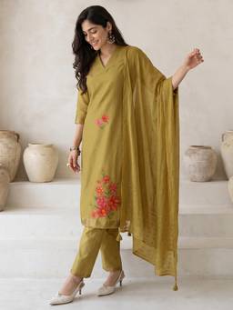 Libas - Olive Floral Embroidered Kurta with Pant and Dupatta