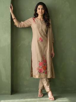 Libas - Taupe Floral Embroidered Kurta with Pant and Dupatta