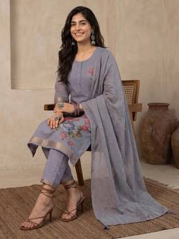 Libas - Grey Floral Embroidered Kurta with Pant and Dupatta