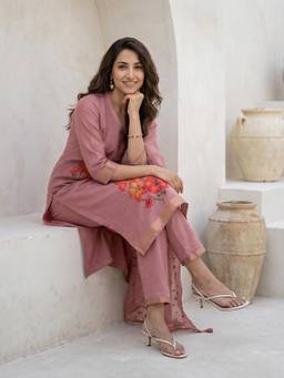 Libas - Rose Pink Floral Embroidered Kurta with Pant and Dupatta