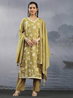 Libas - Olive Floral Embroidered Kurta with Pant and Dupatta
