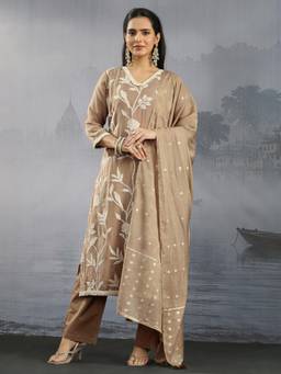 Libas - Beige Floral Embroidered Kurta with Pant and Dupatta