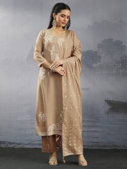 Libas - Beige Floral Embroidered Kurta with Pant and Dupatta