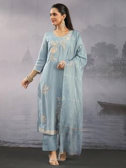 Libas - Blue Floral Embroidered Kurta with Pant and Dupatta