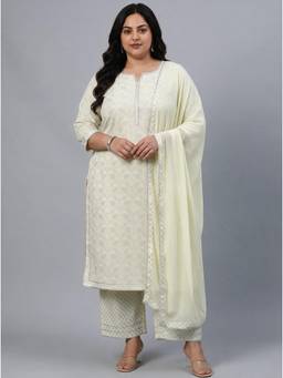Extra love by Libas - Cream Printed Lace Work Kurta with Pant and Dupatta