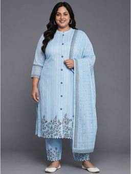 Extra love by Libas - Blue Floral Embroidered Kurta with Pant and Dupatta
