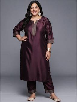 Extra love by Libas - Burgundy Solid Zari Work Kurta with Pant