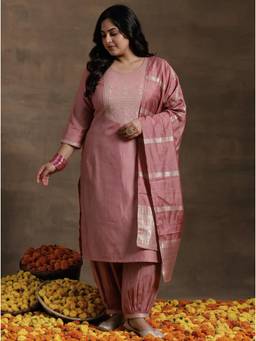 Extra love by Libas - Peach Embroidered Zari Work Kurta with Salwar and Dupatta