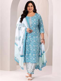 Extra love by Libas - Blue Floral Printed Kurta with Salwar and Dupatta