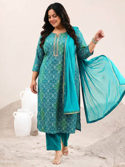 Extra love by Libas - Teal Printed Bandhani Kurta with Pant and Dupatta