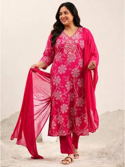 Extra love by Libas - Pink Floral Bandhani Kurta with Pant and Dupatta