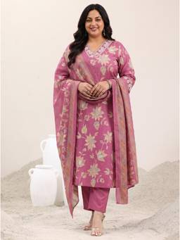 Extra love by Libas - Pink Floral Printed Kurta with Pant and Dupatta