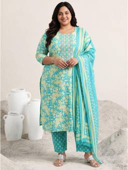 Extra love by Libas - Blue Floral Printed Kurta with Pant and Dupatta