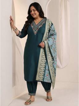 Extra love by Libas - Teal Floral Embroidered Kurta with Salwar and Dupatta