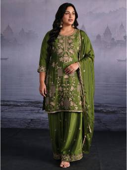 Extra love by Libas - Olive Floral Embroidered Kurta with Palazzo and Dupatta