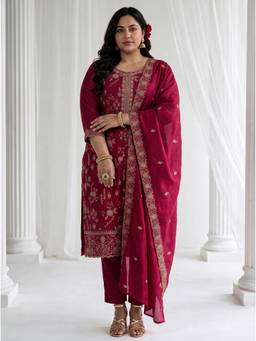Extra love by Libas - Maroon Floral Embroidered Kurta with Palazzo and Dupatta
