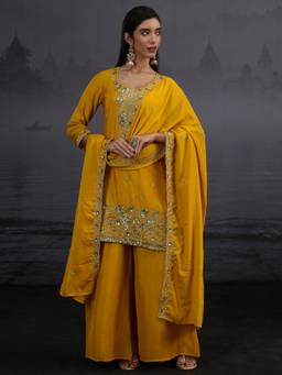 Libas - Mustard Embroidered Embellished-Sequined Work Kurti with Palazzo and Dupatta