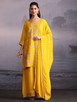 Libas - Yellow Floral Embroidered Kurta with Palazzo and Dupatta