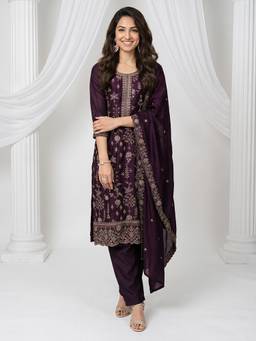 Libas - Burgundy Floral Embroidered Kurta with Palazzo and Dupatta