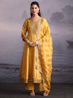 Libas Art - Mustard Woven Embellished-Sequined Work Anarkali Kurta with Pant and Dupatta