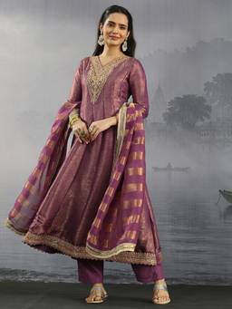 Libas Art - Purple Woven Embellished-Sequined Work Anarkali Kurta with Pant and Dupatta