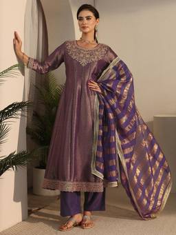 Libas Art - Purple Woven Embroidered Anarkali Kurta with Pant and Dupatta