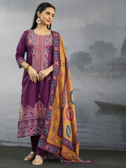 Libas - Purple Floral Printed Kurta with Pant and Dupatta