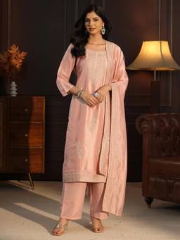 Libas - Pink Embroidered Embellished-Sequined Work Kurta with Pant and Dupatta