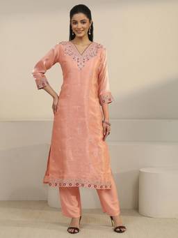 Libas - Peach Floral Embroidered Kurta with Pant and Dupatta