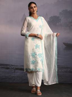 Libas - White Floral Embroidered Kurta with Pant and Dupatta