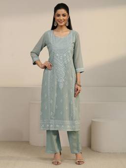 Libas - Sage Green Floral Embroidered Kurta with Pant and Dupatta